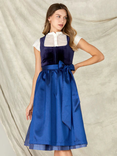 Fløjlsdirndl: Eksklusivt design i mørkeblå, grøn og blå fra Marjo